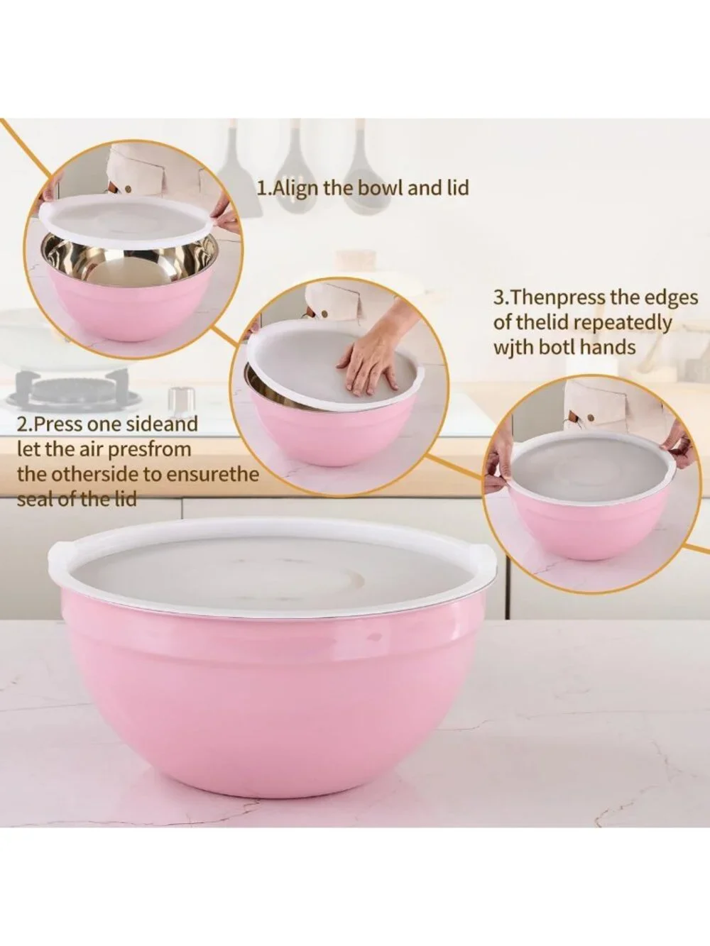 7-Piece Pink Nesting Mixing Bowls Set with Airtight Lids - Ideal for Baking